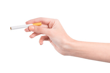 female hand holding a smoking cigarette on a white background. harm from smoking cigarettes. 