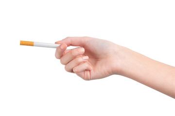 female hand holding a smoking cigarette on a white background. harm from smoking cigarettes. 