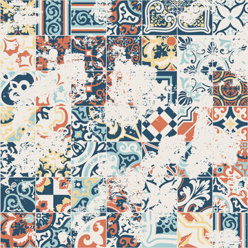 Geometric floral ceramic tiles patchwork wallpaper abstract vector seamless pattern grunge effect in separate layer