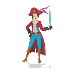 Pirate woman standing holding sword, cartoon vector illustration on white background.