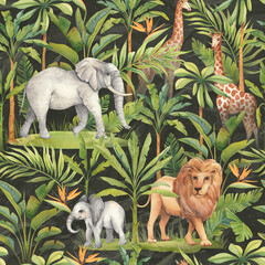 Beautiful image with watercolor tropical palm trees and animals on a dark background. African fauna: lion, giraffe, elephant. © ZubiZub