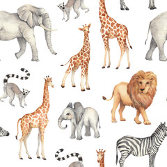 Drawing of safari animals. Hand-drawn seamless ornament with animals on a white background. African fauna: lion, zebra, lemur, giraffe