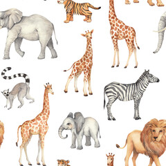 Drawing of safari animals. Hand-drawn seamless ornament with animals on a white background. African fauna: lion, zebra, lemur, tiger, giraffe - obrazy, fototapety, plakaty
