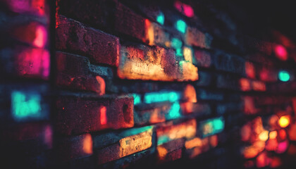 Old brick wall with neon lights. Dark empty old night street, smoke, smog. Textured brick walls 3D illustration. © MiaStendal