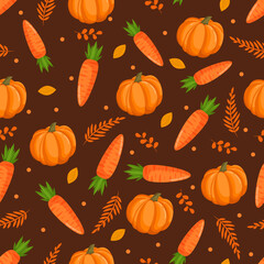 Seamless pattern with orange carrots, autumn leaves and pumpkin. Vector illustration for fabrics, textures, wallpapers, posters, cards. Editable elements.