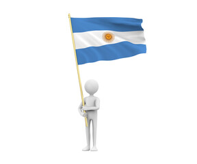 3D Illustration of a cartoon  man holding The national flag of Argentina