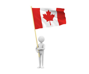 3D Illustration of a cartoon  man holding The national flag of Canada