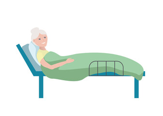 Flat illustration isolated on white background. The old lady in bed smiles. Hospital inpatient.
