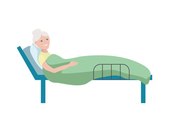 Flat illustration isolated on white background. The old lady in bed smiles. Hospital inpatient in vector.