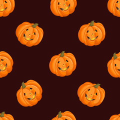 Seamless pattern with a pumpkin with a face for halloween. October harvest. Vector illustration for fabrics, textures, wallpapers, posters, cards. Editable elements.