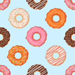 Fototapeta na wymiar Seamless pattern with donuts of different flavors and toppings. Vector illustration for fabrics, textures, wallpapers, posters, cards. Editable elements.