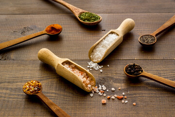 Fototapeta na wymiar Powdered spices and herbs in wooden spoons. Colorful cooking background