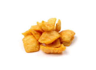 Bacon chips pile isolated, puff crisps, puffs with spices, crunchy rice puffed snacks, salty bacon...