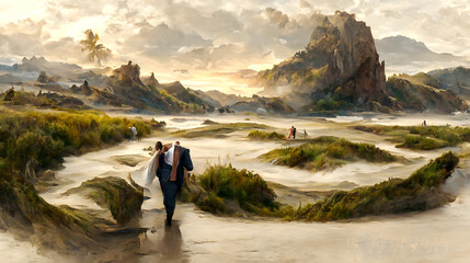 Fototapeta premium Artistic conception of beautiful landscape painting of nature, background illustration, tender and dreamy design.