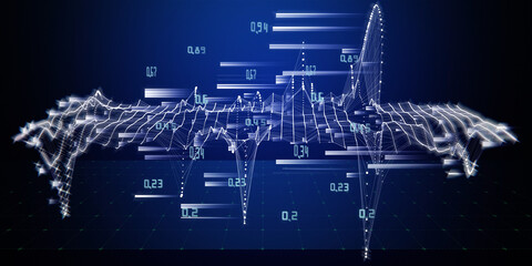 Abstract background virtual grid from white lines and dot on dark blue. Big data. Presentation concept of  wireframe big data algorithms. Banner for business, science and technology.