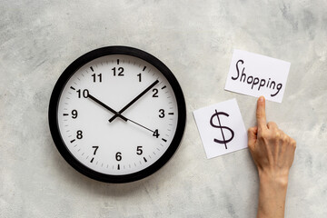 Wall clock and shopping signs and icons. Sale and shopping time
