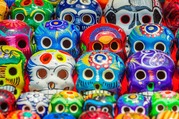 Fototapeta na wymiar Colorful skulls for day of the dead celebration, Cancun, Mexico