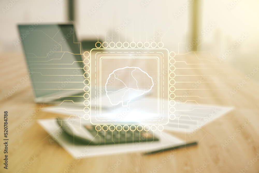 Poster double exposure of creative artificial intelligence interface on blurry calculator with laptop backg