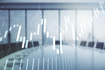 Double exposure of abstract creative financial chart hologram on a modern meeting room background, research and strategy concept