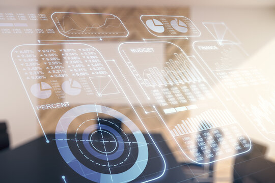 Abstract virtual analytics data spreadsheet on a modern coworking room background, analytics and analysis concept. Multiexposure
