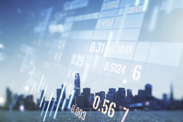 Multi exposure of virtual abstract financial graph interface on San Francisco cityscape background, financial and trading concept