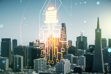 Virtual creative idea concept with light bulb and microcircuit illustration on San Francisco skyline background. Neural networks and machine learning concept. Multiexposure