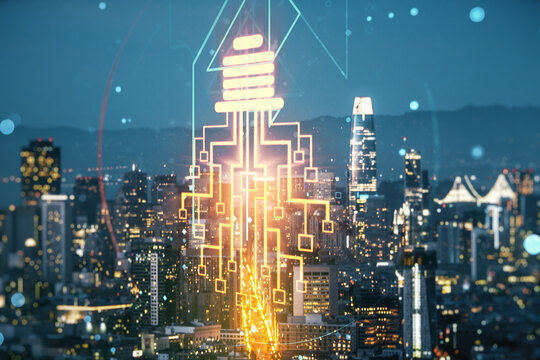 Double exposure of virtual creative light bulb hologram with chip on San Francisco city skyscrapers background, idea and brainstorming concept
