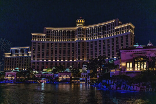 View Of The Bellagio Casino And Hotel At Night On The Strip