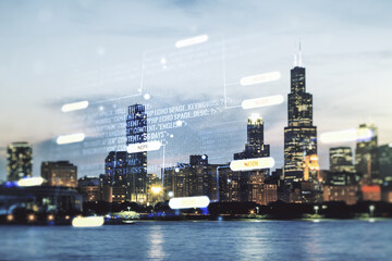 Multi exposure of abstract software development hologram on Chicago skyscrapers background, research and analytics concept
