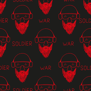 Seamless background of soldiers in a helmet, bespectacled, with a beard and with the inscription soldier and war. Military concept.