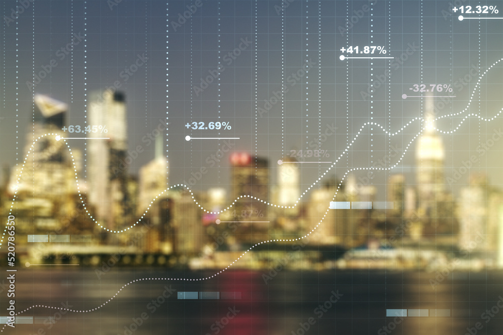 Poster Double exposure of abstract virtual statistics data hologram on blurry cityscape background, statistics and analytics concept