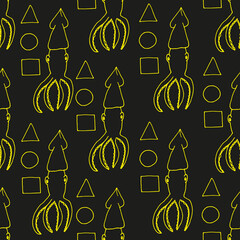 Seamless pattern with squid and geometric shapes. The background is a kalmar game. A set of triangle, square, circle and squid. © Olga Igumenova
