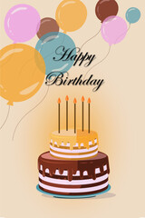 Happy birthday greeting card with chocolate and orange cake, yellow blue pink brown baloons on pale orange background 