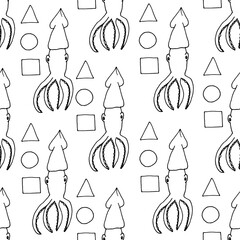 Seamless pattern with squid and geometric shapes. The background is a kalmar game. A set of triangle, square, circle and squid. © Olga Igumenova