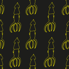 Seamless pattern with Squid drawn yellow marker on black paper. The background is a Kalmar game. © Olga Igumenova