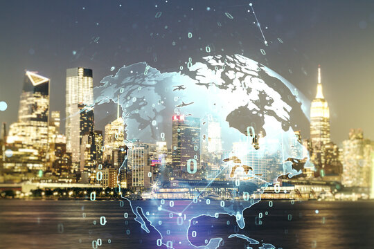 Abstract virtual coding illustration and world map on New York cityscape background, international software development concept. Multiexposure