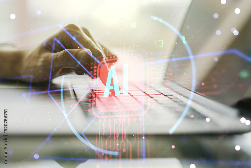Aufkleber double exposure of creative artificial intelligence abbreviation with hand typing on computer keyboa