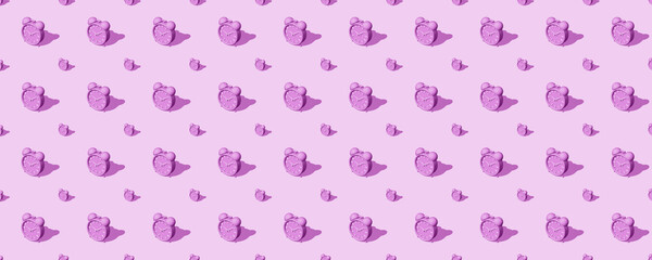 Banner of purple alarm clocks big and small with shadow on purple background. Set. Seamless texture pattern. 3D illustration. Long shadow from the summer sunshine.