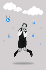 Vertical collage image of amazed unsatisfied girl black white colors arms touch cheeks painted clouds rain F- grades