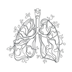 Human Lungs with Plant Branches and Leaves Growing from an Organ,Line art drawing,vector.Black and white sketch,creative idea for logo,icon,print,emblems and more.Human Internal Organ Lungs abstract