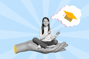 Composite collage image of big hand hold small girl black white gamma direct fingers mind cloud...