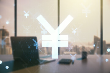 Creative Japanese Yen symbol sketch and modern desk with computer on background, strategy and forecast concept. Multiexposure