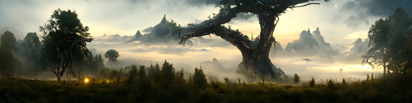 Artistic concept of painting a scary and dangerous landscape, background illustration, tender and dreamy design.   