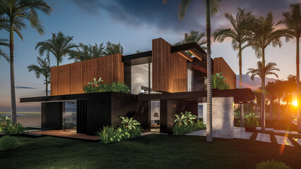 Fototapeta na wymiar 3d rendering of modern cozy house with parking and pool for sale or rent with wood plank facade by the sea or ocean. Sunset evening by the azure coast with palm trees and flowers in tropical island