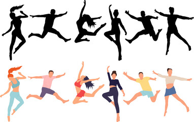 silhouette people jumping on white background isolated, vector