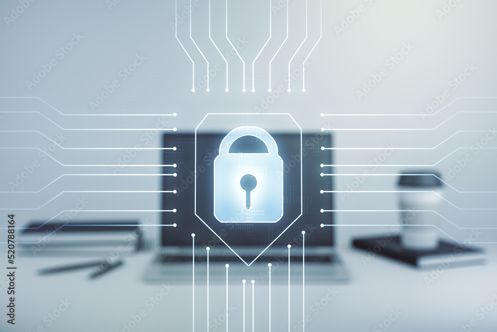Aufkleber Creative idea concept with lock symbol and microcircuit illustration on modern laptop background. Protection and firewall concept. Multiexposure