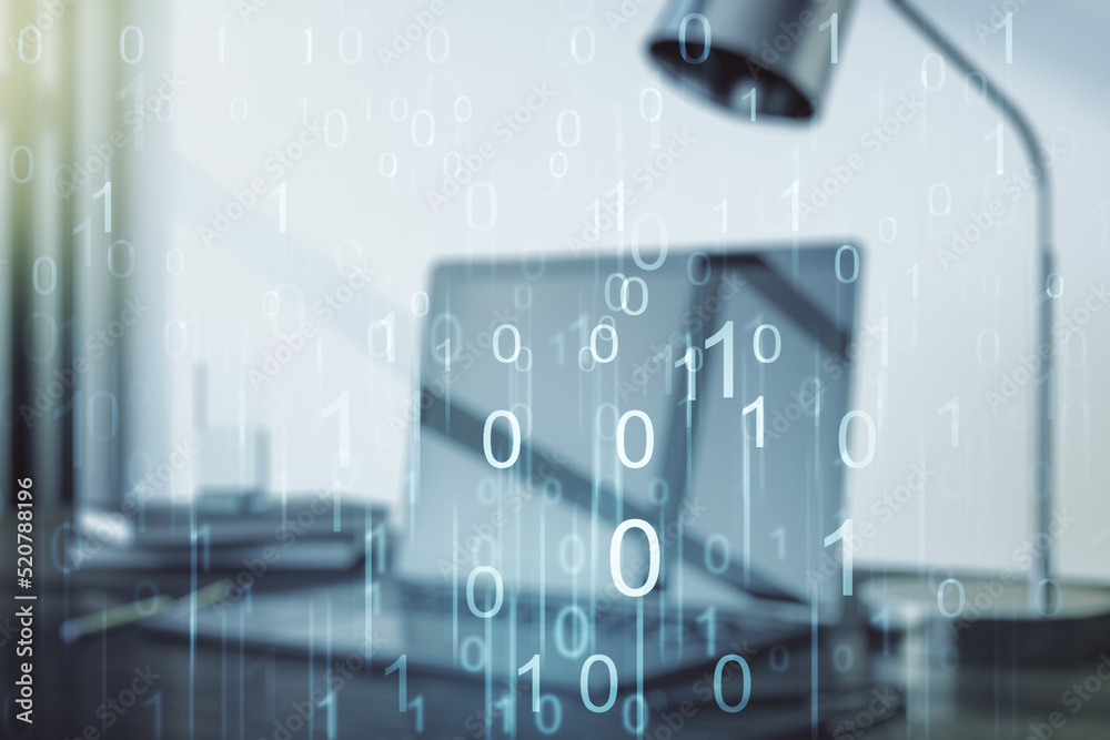 Poster creative concept of binary code illustration on modern laptop background. big data and coding concep