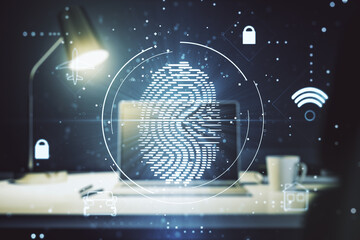 Double exposure of abstract creative fingerprint hologram on laptop background, research and development concept