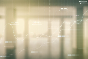 Double exposure of abstract creative statistics data hologram on empty room interior background, analytics and forecasting concept