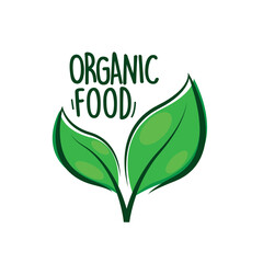 100% Natural Food, Bio Product logo with green leaves design element. Oranic food badge, label, logo